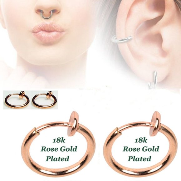 NEW 2-18k Rose Gold Plate Spring-Fake Cheater Nose-Lip-Ear Rings No Pain! - Picture 2 of 6